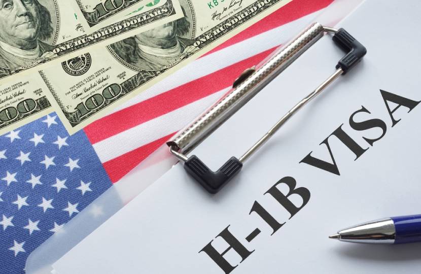 H-1B Visa is shown using a text and flag of USA with dollars. H1b visa for foreign workers